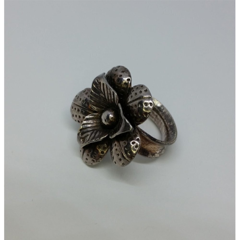 Artisan solid sterling silver 925 blooming flower ring statement adjustable